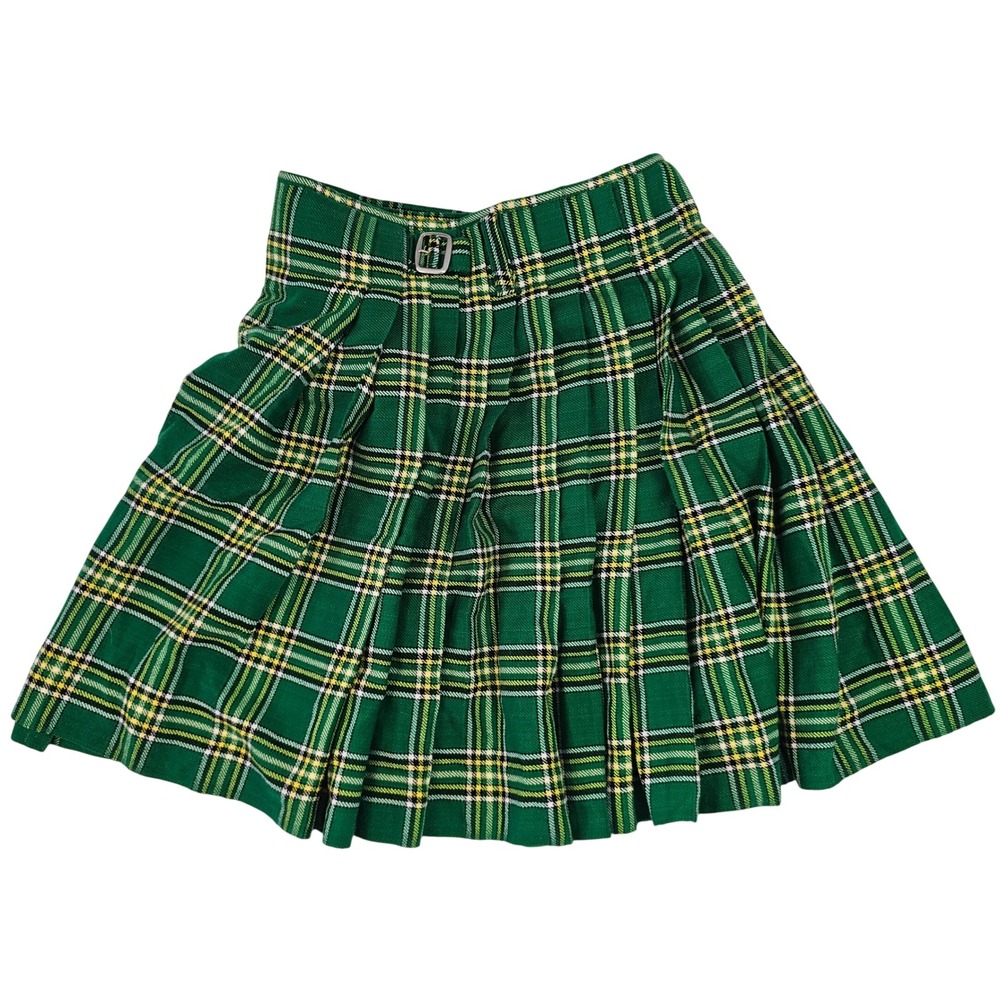 Scottish Tartans Green Plaid Wool Blend‎ Pleated Kilt Skirt Buckle Size 34